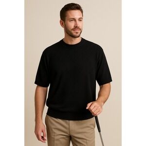 Tulliano Mens XXL Black Textured Short Sleeve Knit Sweater Rayon Cotton Classic